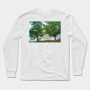 Two oak trees on edge in early morning fog j Long Sleeve T-Shirt